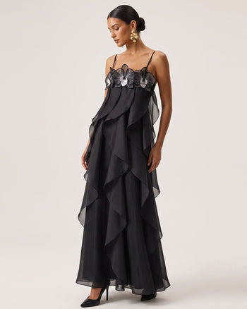 Maxi abito in organza ricamata con orchidee - Nero