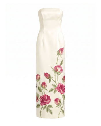 Rose Abito lungo ricamato senza spalline - Bianco candido