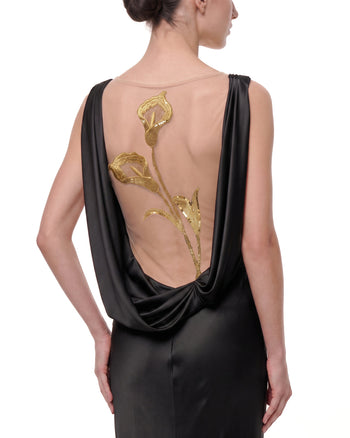 Gold Calla Lily Abito in raso velato con schiena scoperta - Nero