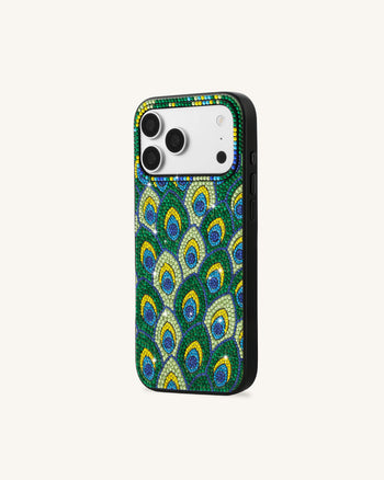 Peacock Custodia per telefono con piume e strass - Verde