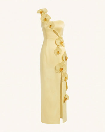 Maxi abito con spacco, cut-out e decorazione a orchidea - Giallo chiaro