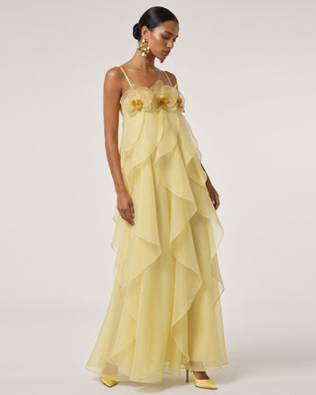 Maxi abito in organza ricamata con orchidee - Giallo chiaro