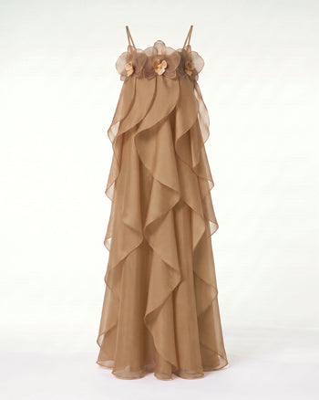 Maxi abito in organza ricamata con orchidee - Marrone chiaro