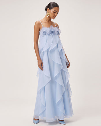 Maxi abito in organza ricamata con orchidee - Azzurro