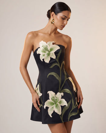 Lily Mini abito svasato senza spalline con stampa floreale - Nero