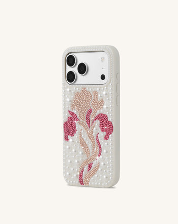 Custodia per telefono con fiori, perle e cristalli artificiali - Bianco