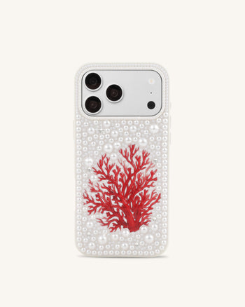 Cover per telefono con perle e corallo rosso - Bianco