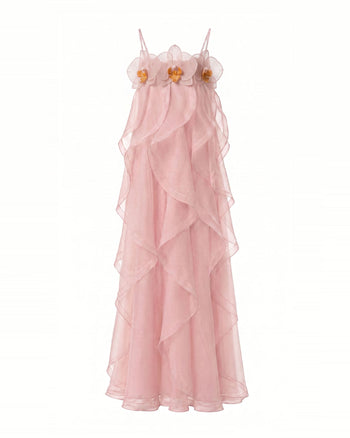 Abito maxi in organza ricamata con orchidee - Rosa cipria Pink