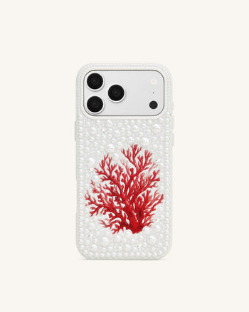 Cover per telefono con perle e corallo rosso - Bianco