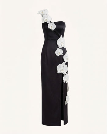 Maxi abito con spacco, cut-out e decorazione a orchidea - Nero
