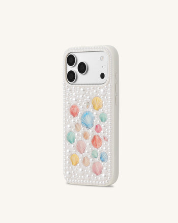 Custodia per telefono con perle conchiglia pastello - Bianco