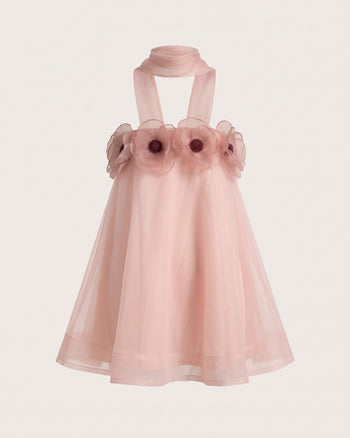 Poppy Mini abito ricamato drappeggiato con allacciatura al collo - Rosa cipria