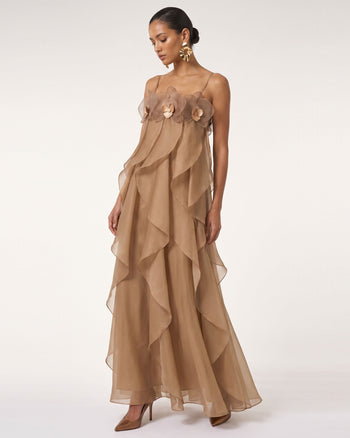 Maxi abito in organza ricamata con orchidee - Marrone chiaro