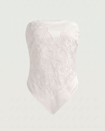 Top a fazzoletto senza spalline con ricami di orchidee - Bianco Don't Touch Me!