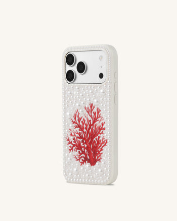 Cover per telefono con perle e corallo rosso - Bianco