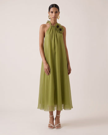 Poppy Abito midi a trapezio ricamato con dettaglio allacciato al collo - Verde oliva