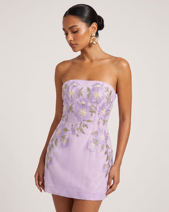 Mini abito a corsetto senza spalline con ricami floreali - Viola chiaro
