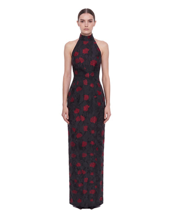 Maxi abito all'americana con schiena scoperta in jacquard floreale - Nero e rosso