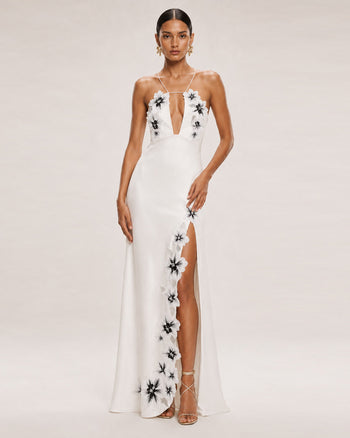 Maxi abito all'americana con ricamo floreale e cut-out - Bianco