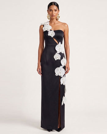 Maxi abito con spacco, cut-out e decorazione a orchidea - Nero