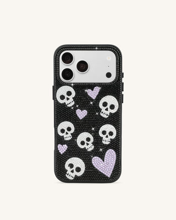 Custodia per telefono con strass teschio e cuore - Nero