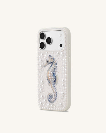 Custodia per telefono con perle cavalluccio marino - Bianco