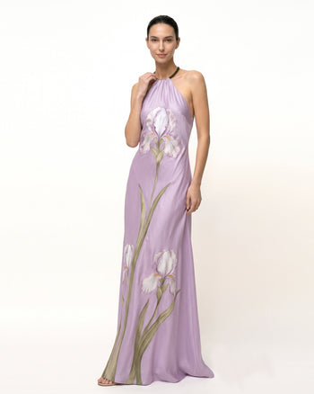 Abito lungo con scollo all'americana e stampa floreale Iris - Lavanda