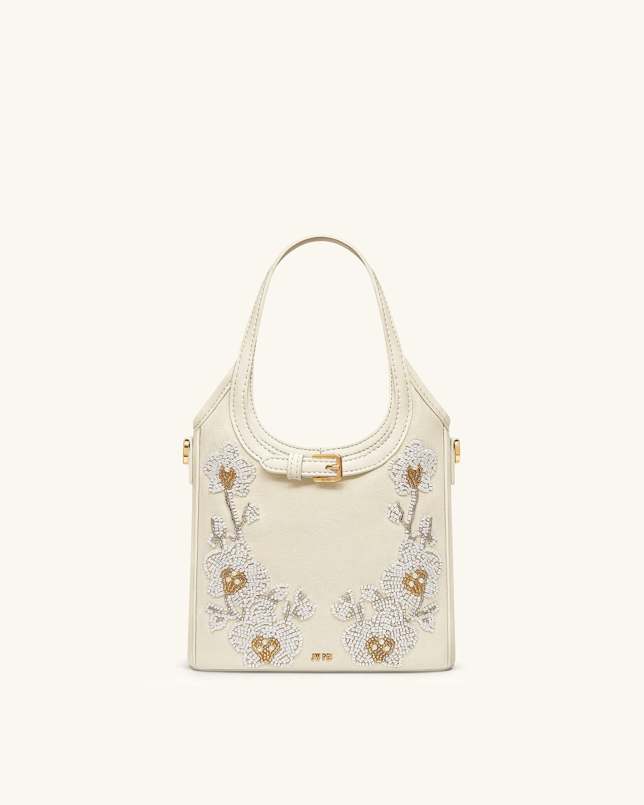 Brooke Borsa Mini con Manico e Cintura, Orchidea Ricamata con Perline - Avorio