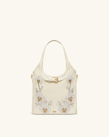 Brooke Borsa Mini con Manico e Cintura, Orchidea Ricamata con Perline - Avorio