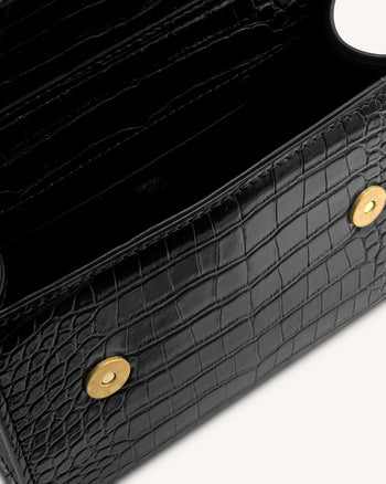 Borsa a mano con manico superiore e manico in metallo Astrid Calla Lily - Pelle di coccodrillo nera