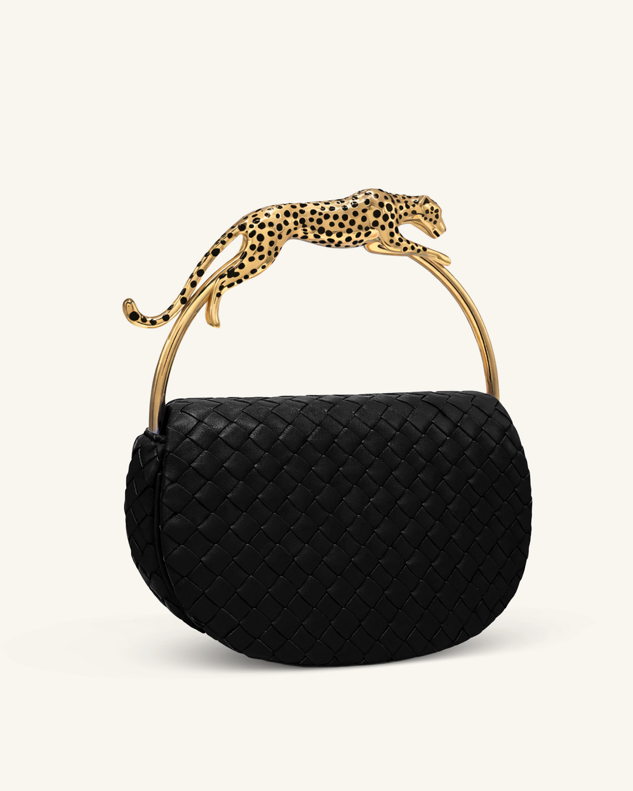 Ione Borsa con manico superiore intrecciata con manico in metallo a forma di leopardo - Nero
