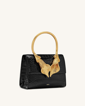 Borsa a mano con manico superiore e manico in metallo Astrid Calla Lily - Pelle di coccodrillo nera