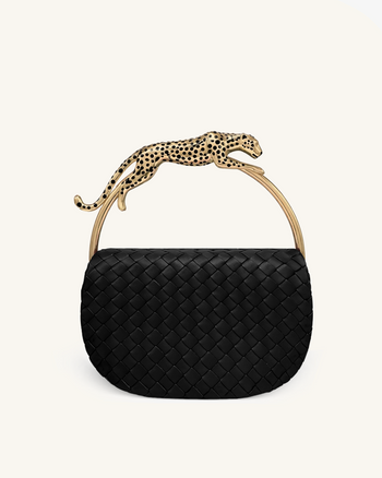 Ione Borsa con manico superiore intrecciata con manico in metallo a forma di leopardo - Nero
