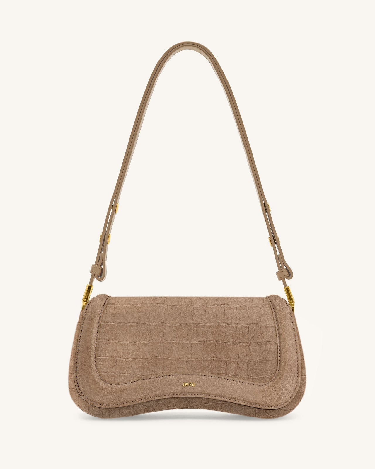 Joy Borsa a Spalla in Similpelle Scamosciata con Stampa Croco - Beige