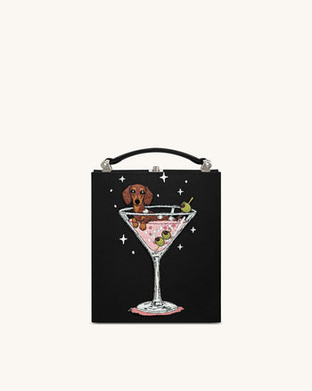 Pochette a forma di libro con motivo cucciolo e calice di vino Taya - Nera