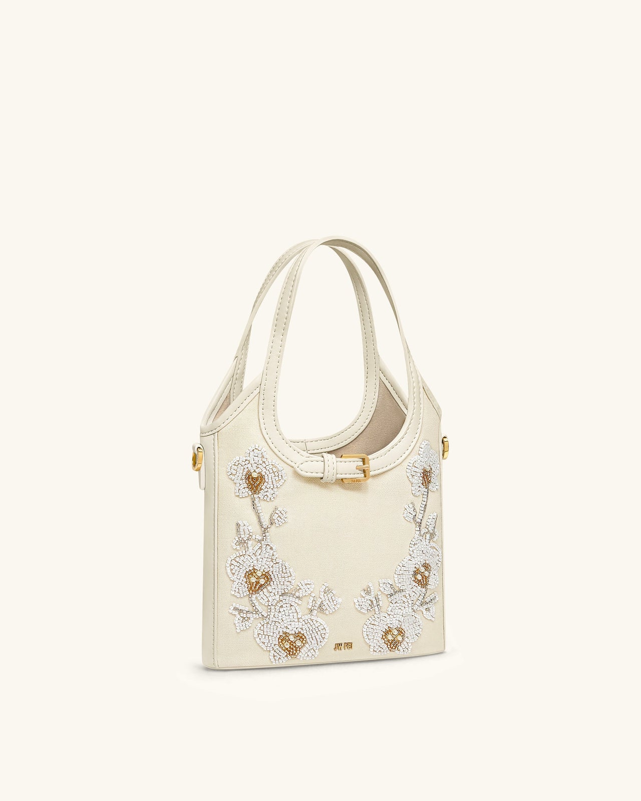 Brooke Borsa Mini con Manico e Cintura, Orchidea Ricamata con Perline - Avorio
