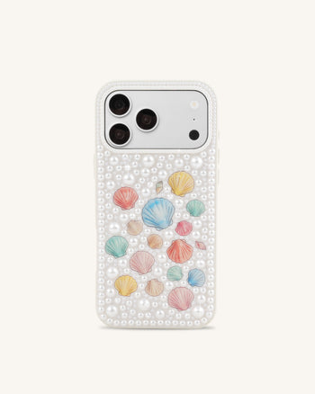 Custodia per telefono con perle conchiglia pastello - Bianco