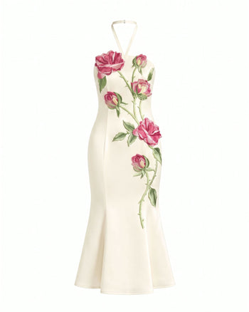 Rose Abito midi ricamato con allacciatura al collo - Bianco sporco