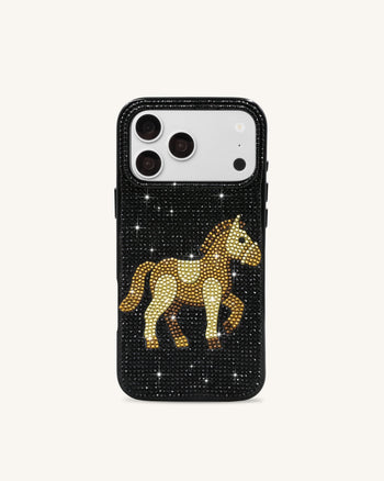 Golden Custodia per telefono con cristallo artificiale a forma di cavallo - Nero