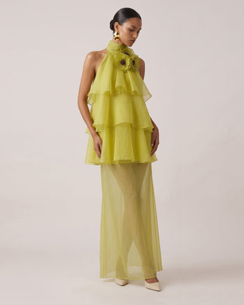 Poppy Maxi abito a balze con volant ricamato e allacciatura al collo - Verde lime