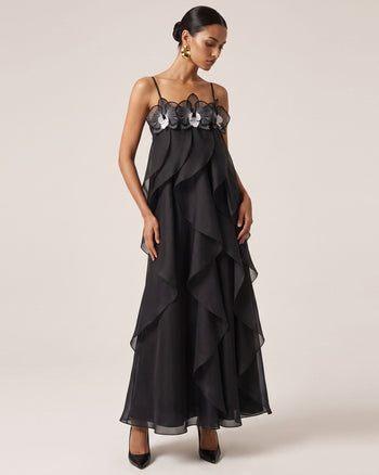 Maxi abito in organza ricamata con orchidee - Nero