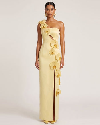 Maxi abito con spacco, cut-out e decorazione a orchidea - Giallo chiaro