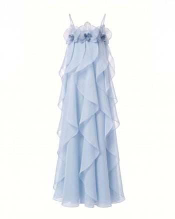 Maxi abito in organza ricamata con orchidee - Azzurro