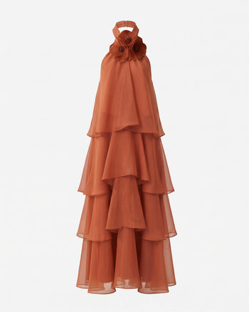 Poppy Maxi abito a balze con volant ricamato e allacciatura al collo - Arancione bruciato