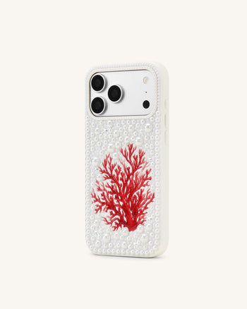 Cover per telefono con perle e corallo rosso - Bianco