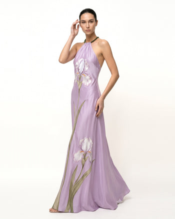 Abito lungo con scollo all'americana e stampa floreale Iris - Lavanda