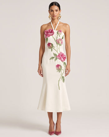 Rose Abito midi ricamato con allacciatura al collo - Bianco sporco