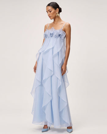 Maxi abito in organza ricamata con orchidee - Azzurro