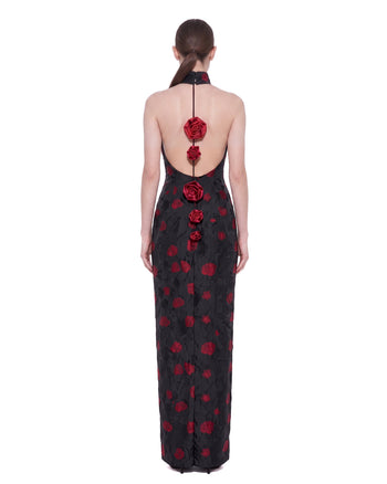 Maxi abito all'americana con schiena scoperta in jacquard floreale - Nero e rosso