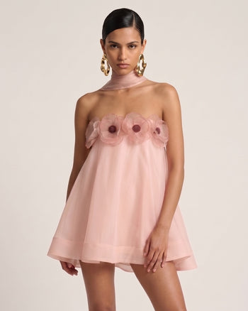 Poppy Mini abito ricamato drappeggiato con allacciatura al collo - Rosa cipria